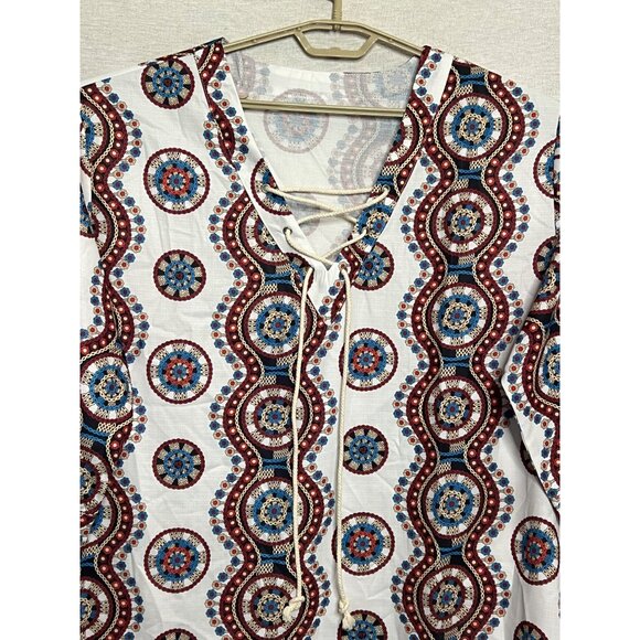 Bohemian 2XLTop Vibrant Medallion Lace-Up Front 1/2 Sleeves Light Breathable - Picture 3 of 16